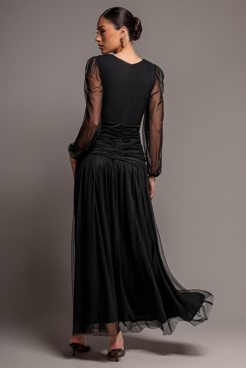 Gathered Long Balloon Sleeve A-Line Mesh Maxi Dress - Black DR5003