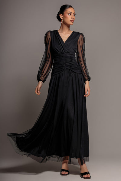 Gathered Long Balloon Sleeve A-Line Mesh Maxi Dress - Black by Goddiva