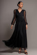 Gathered Long Balloon Sleeve A-Line Mesh Maxi Dress - Black by Goddiva