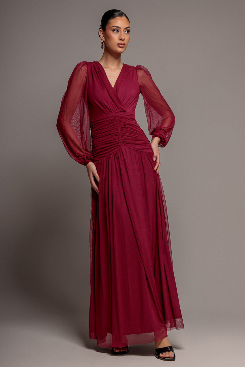 Gathered Long Balloon Sleeve A-Line Mesh Maxi Dress - Magenta DR5003