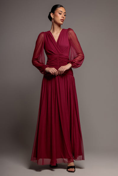 Magenta - Gathered Long Balloon Sleeve A-Line Mesh Maxi Dress - Magenta by Goddiva