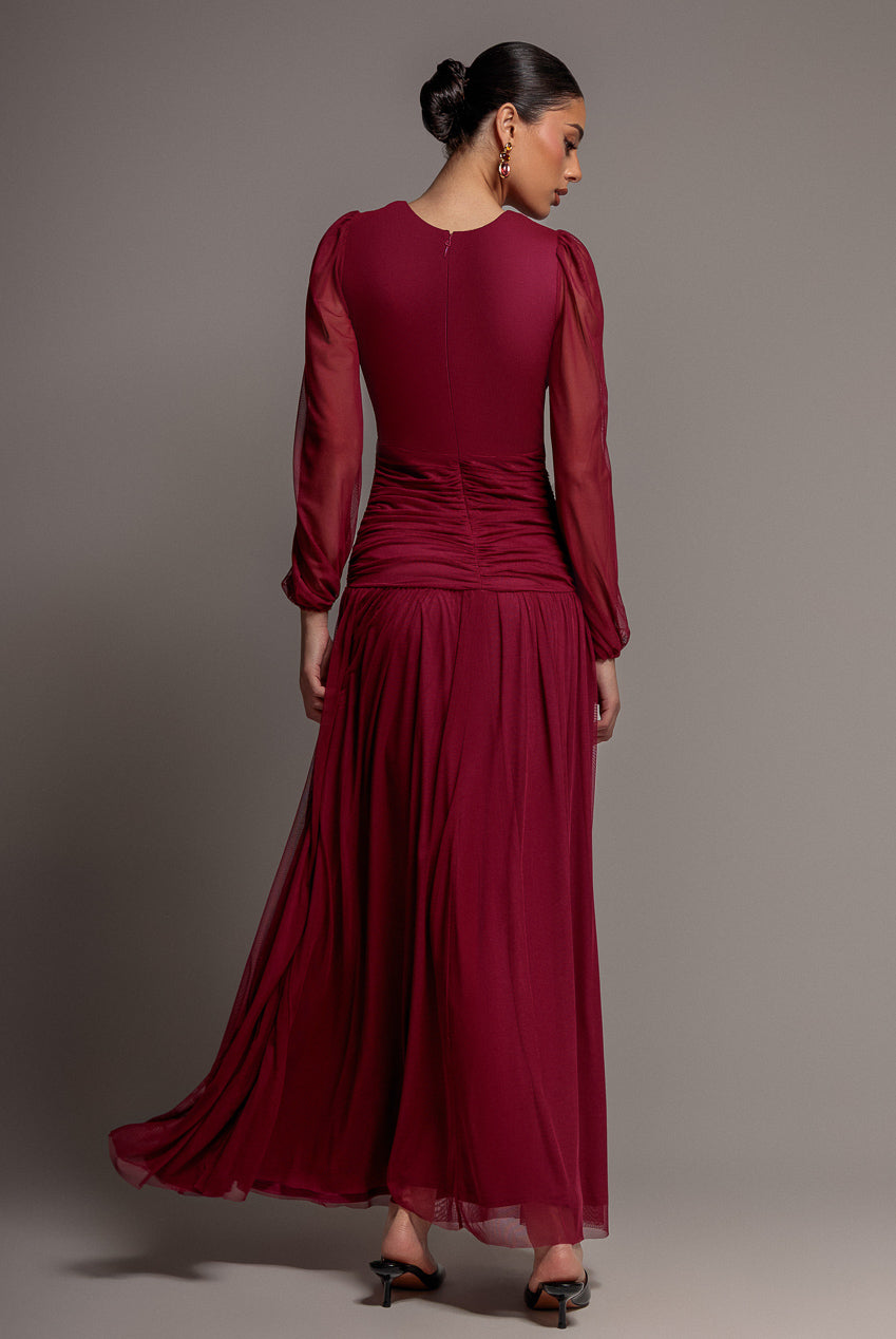 Gathered Long Balloon Sleeve A-Line Mesh Maxi Dress - Magenta DR5003