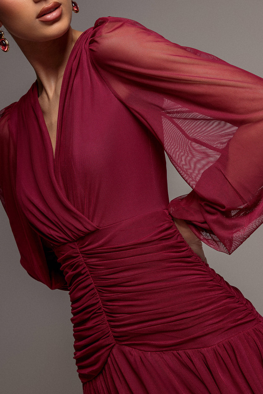 Gathered Long Balloon Sleeve A-Line Mesh Maxi Dress - Magenta DR5003