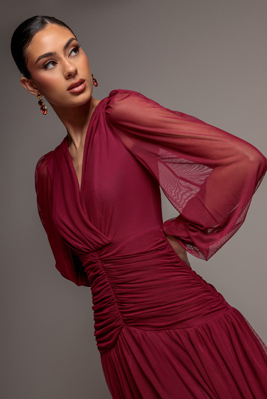 Gathered Long Balloon Sleeve A-Line Mesh Maxi Dress - Magenta DR5003