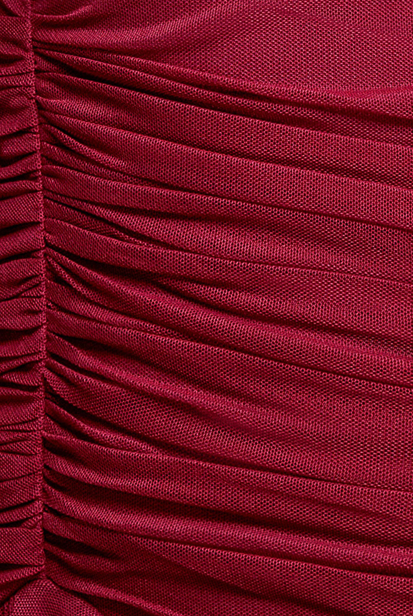 Gathered Long Balloon Sleeve A-Line Mesh Maxi Dress - Magenta DR5003