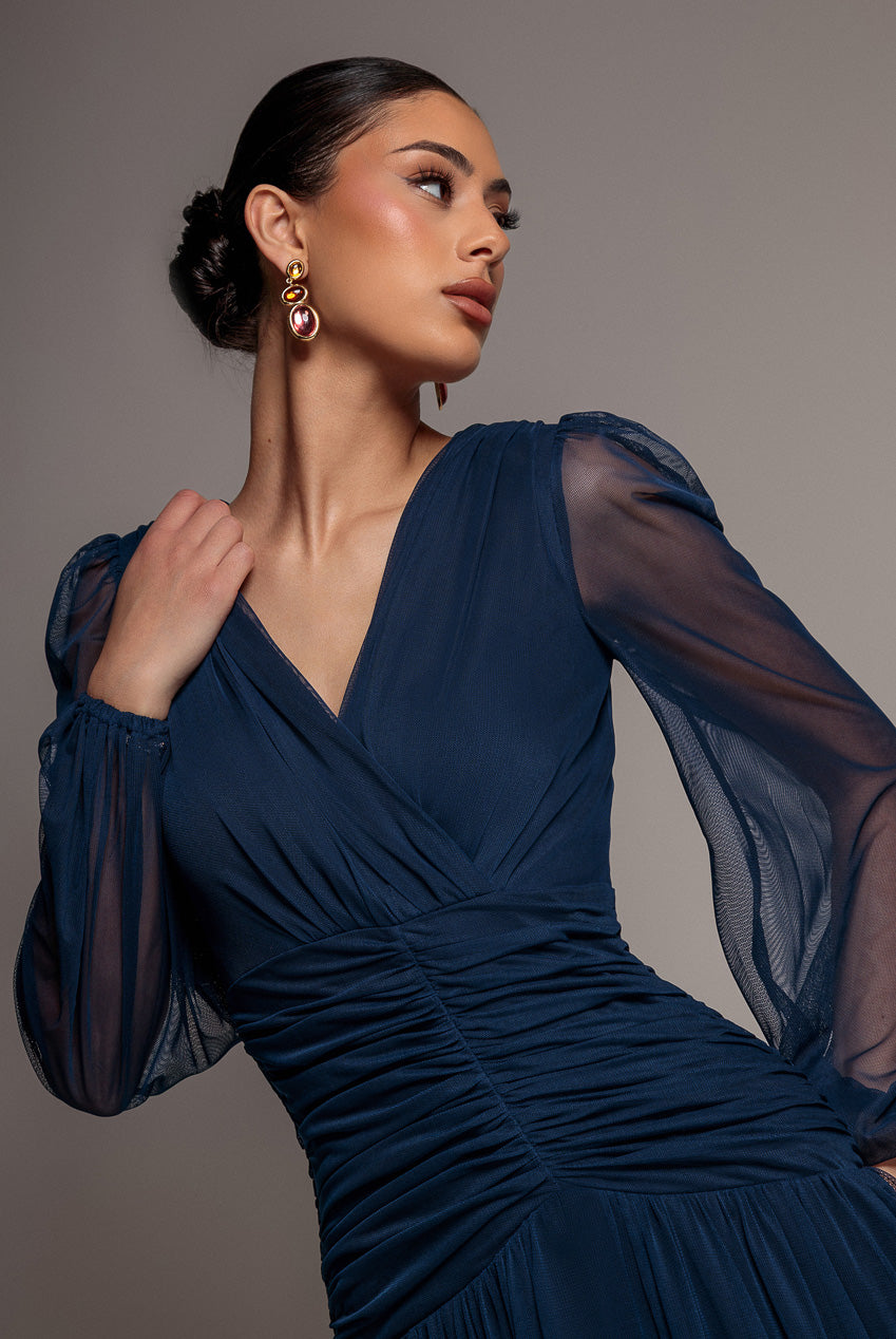 Gathered Long Balloon Sleeve A-Line Mesh Maxi Dress - Navy Blue DR5003