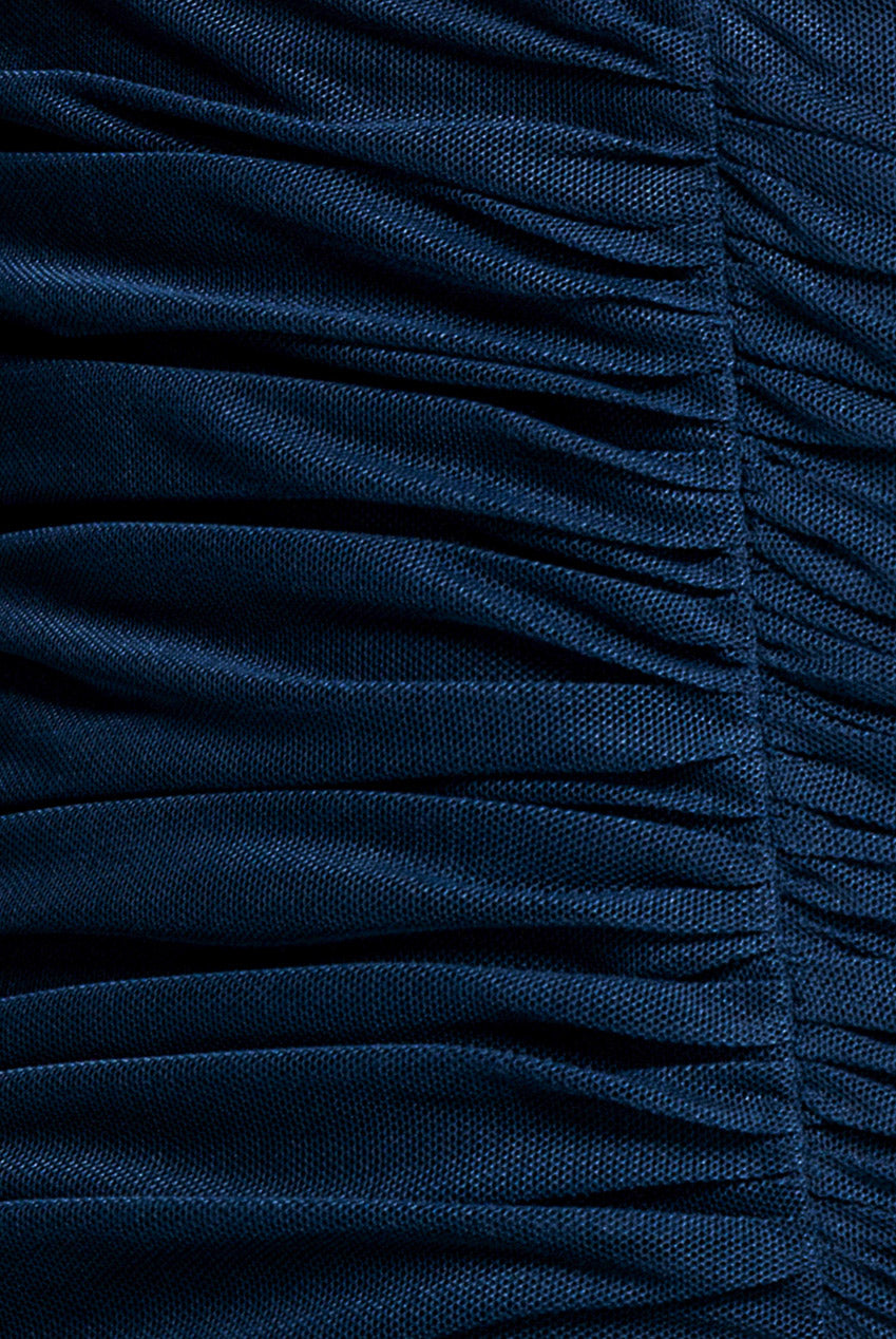 Gathered Long Balloon Sleeve A-Line Mesh Maxi Dress - Navy Blue DR5003