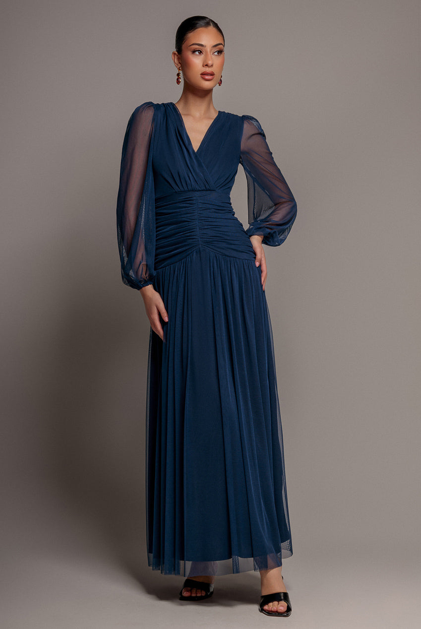 Gathered Long Balloon Sleeve A-Line Mesh Maxi Dress - Navy Blue DR5003