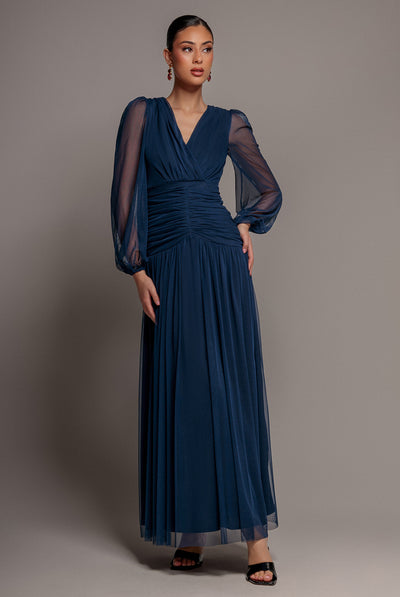 Navy - Gathered Long Balloon Sleeve A-Line Mesh Maxi Dress - Navy Blue by Goddiva