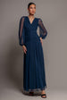 Gathered Long Balloon Sleeve A-Line Mesh Maxi Dress - Navy Blue by Goddiva