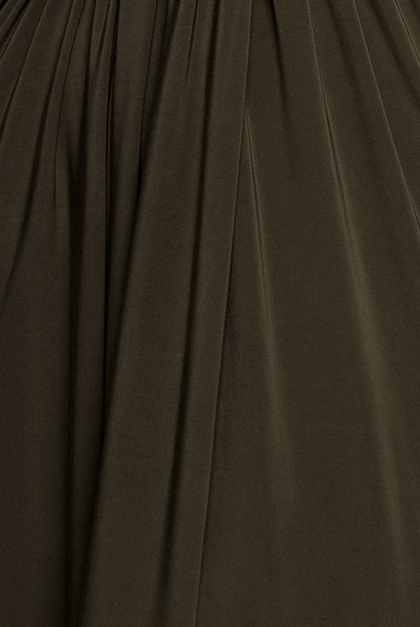 Gathered Shoulder Wrap Neck Draped Waist Maxi Dress - Khaki DR5005
