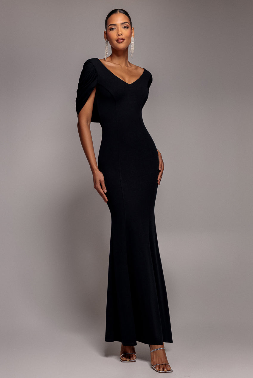 V Neck Cowl Back Pleated Sleeve Scuba Maxi Dress - Black DR5010