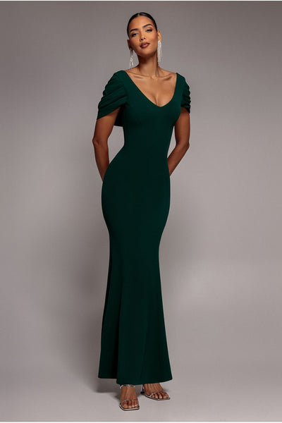 V Neck Cowl Back Pleated Sleeve Scuba Maxi Dress - Emerald Green