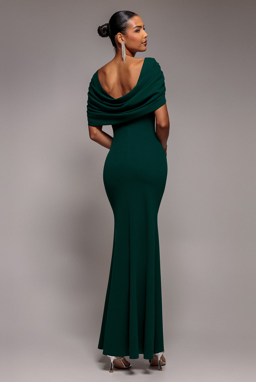 V Neck Cowl Back Pleated Sleeve Scuba Maxi Dress - Emerald Green DR5010