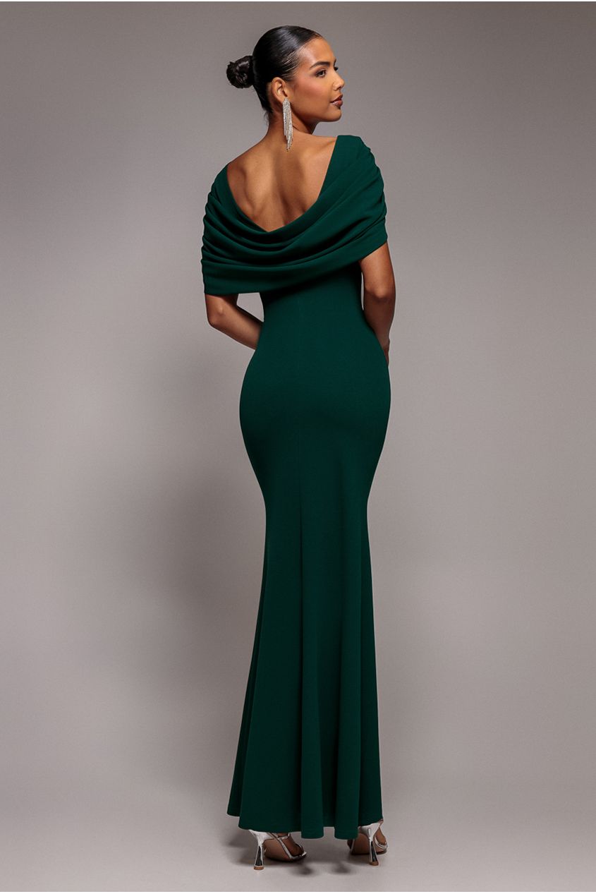 V Neck Cowl Back Pleated Sleeve Scuba Maxi Dress - Emerald Green