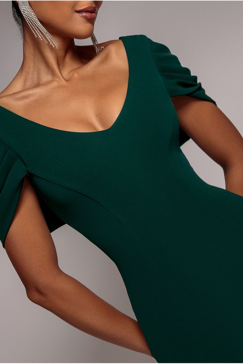 V Neck Cowl Back Pleated Sleeve Scuba Maxi Dress - Emerald Green