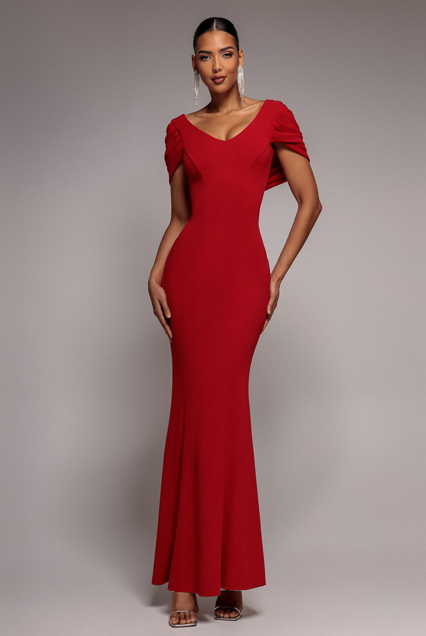 V Neck Cowl Back Pleated Sleeve Scuba Maxi Dress - Red DR5010