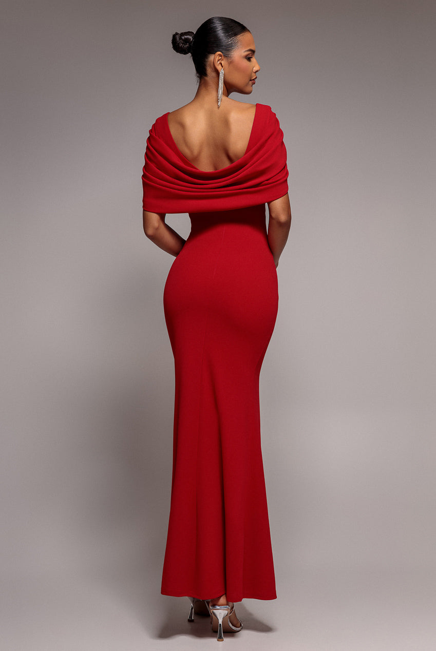 V Neck Cowl Back Pleated Sleeve Scuba Maxi Dress - Red DR5010