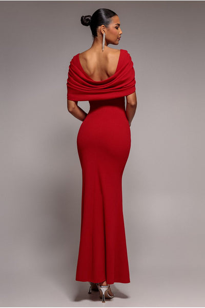Red - V Neck Cowl Back Pleated Sleeve Scuba Maxi Dress - Red by Goddiva