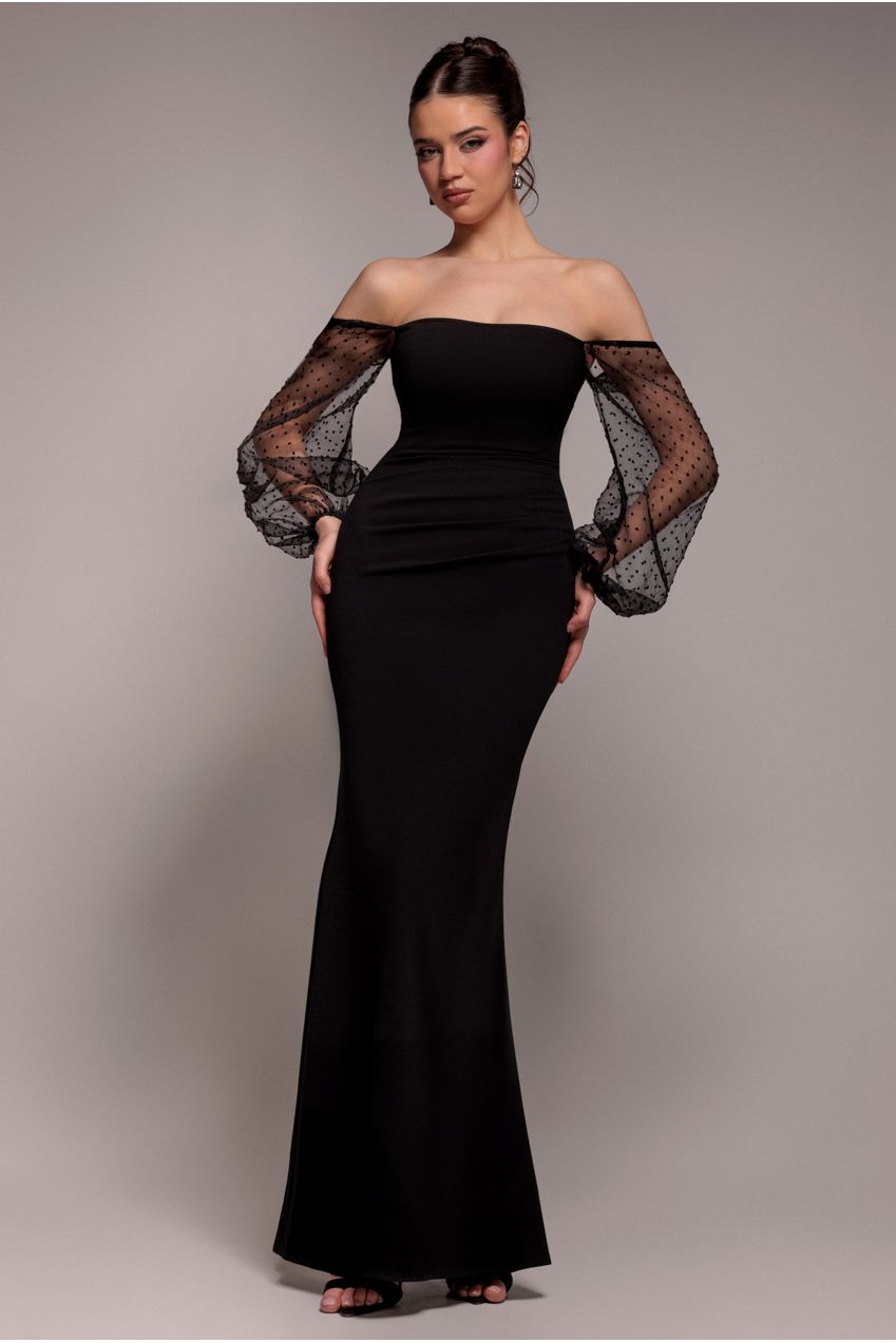 Dobby Organza Bishop Sleeve Multiway Maxi Dress - Black DR5011