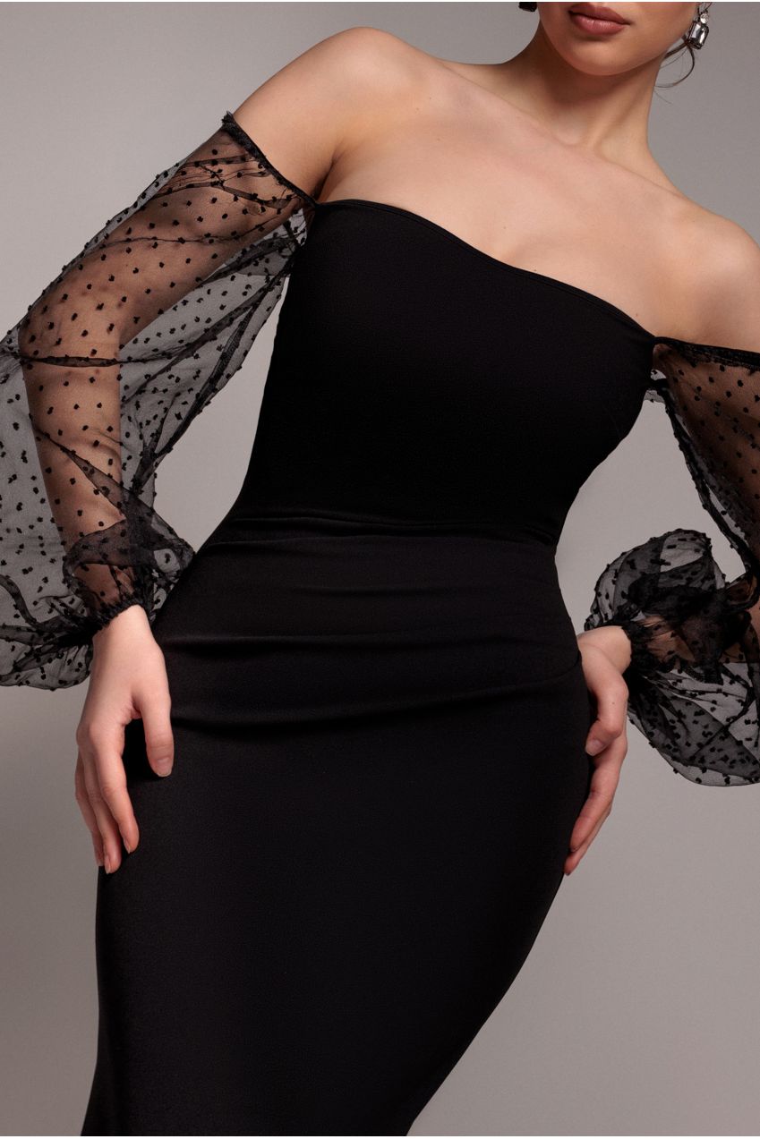 Dobby Organza Bishop Sleeve Multiway Maxi Dress - Black DR5011