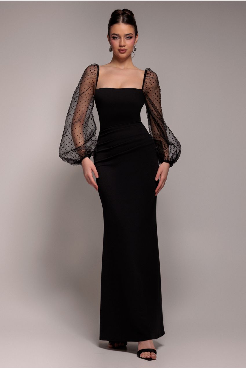 Dobby Organza Bishop Sleeve Multiway Maxi Dress - Black DR5011