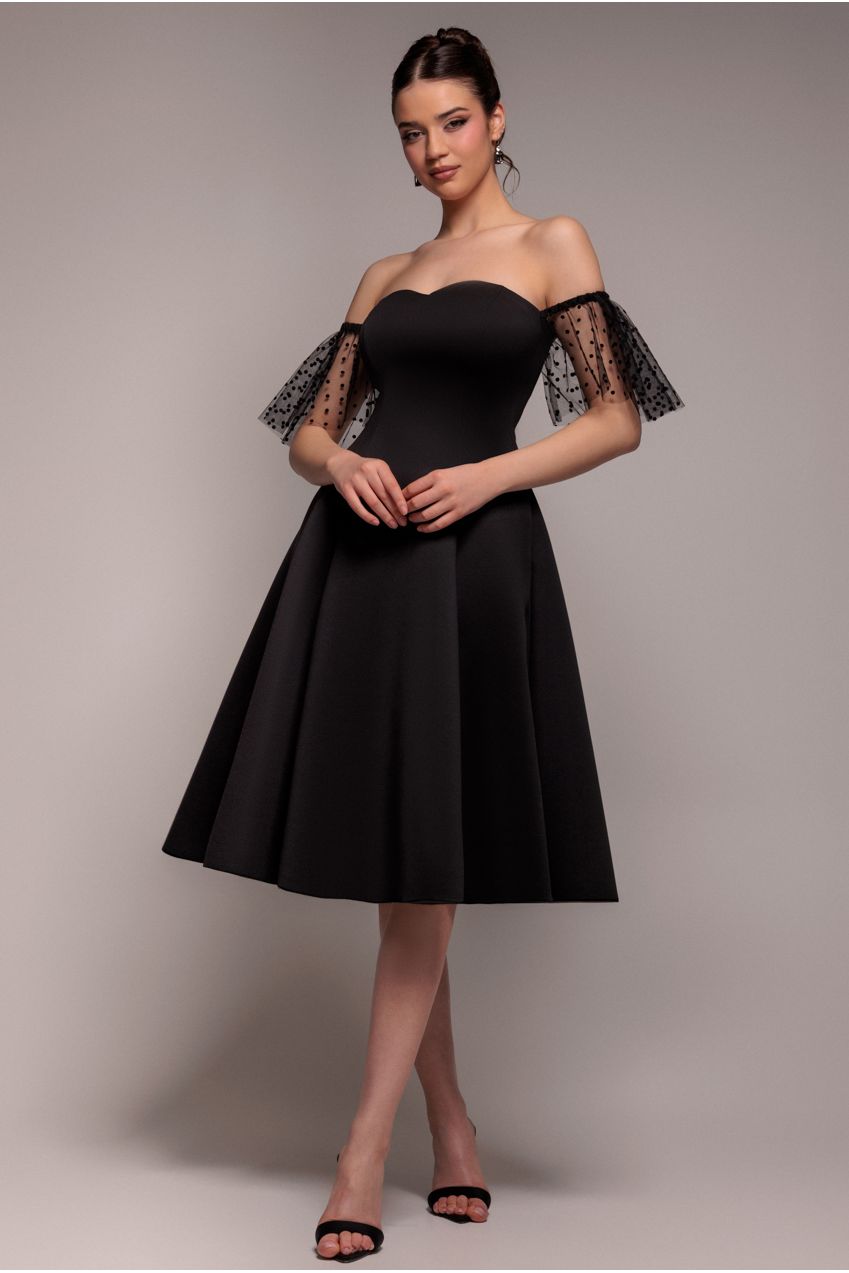 Scuba & Polka Mesh Off The Shoulder Midi Dress - Black DR5016