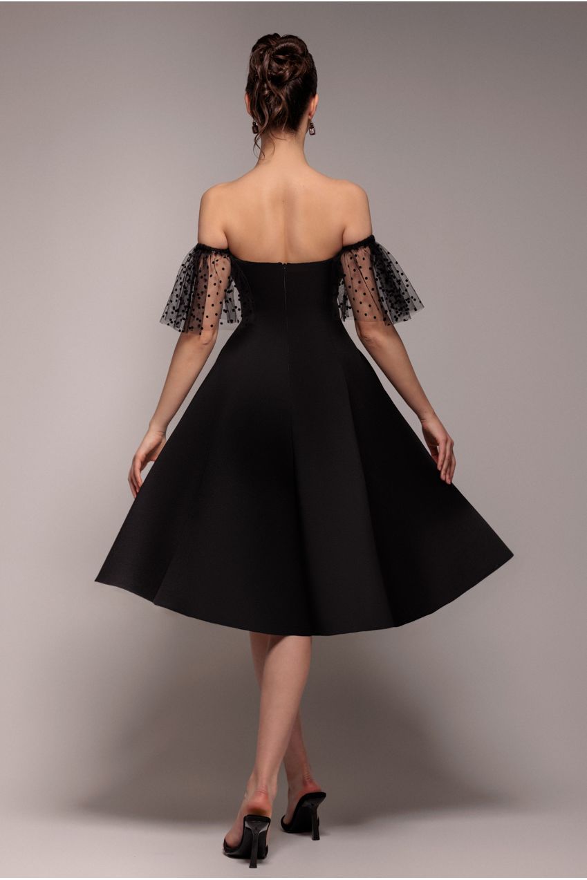 Scuba & Polka Mesh Off The Shoulder Midi Dress - Black DR5016
