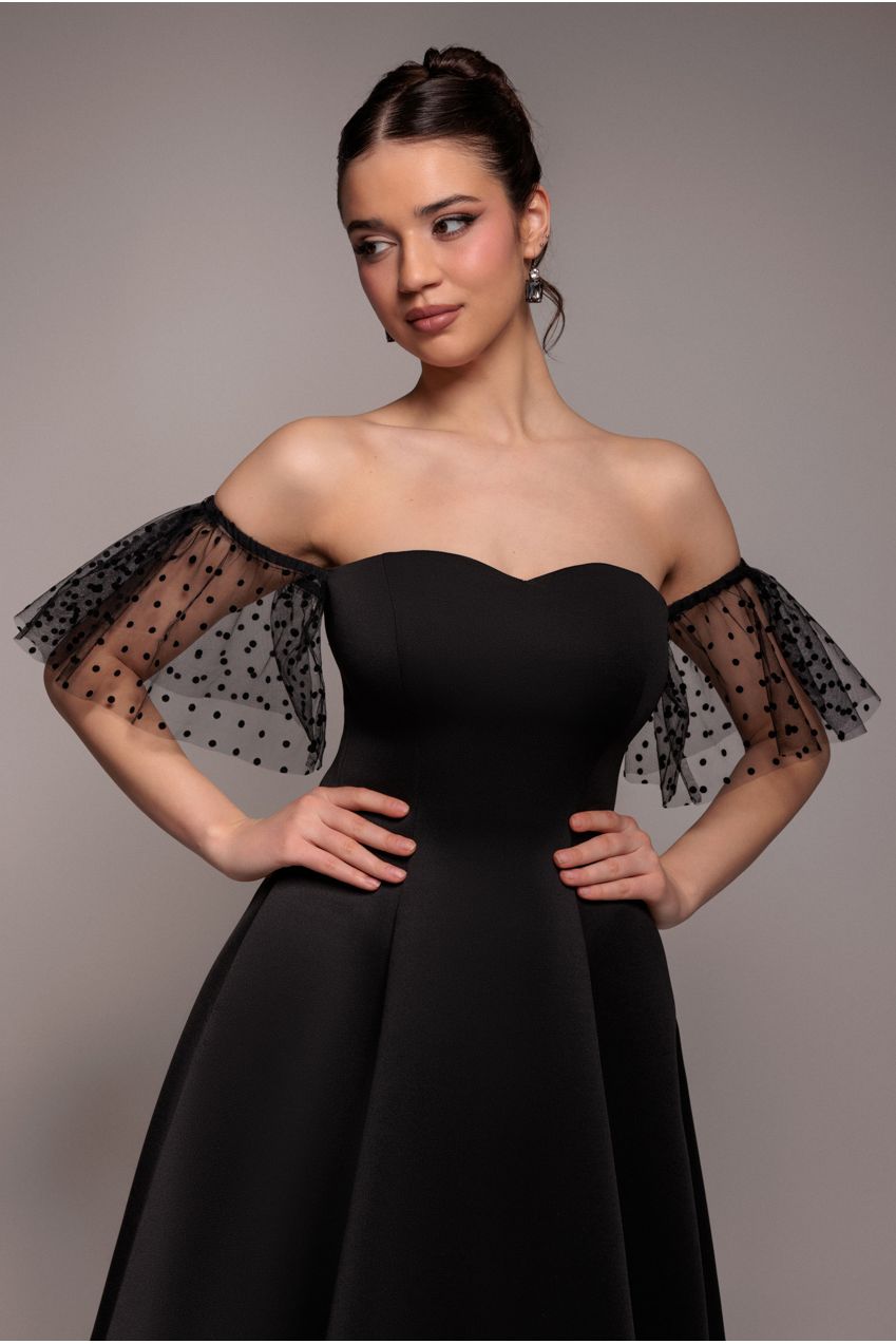 Scuba & Polka Mesh Off The Shoulder Midi Dress - Black DR5016