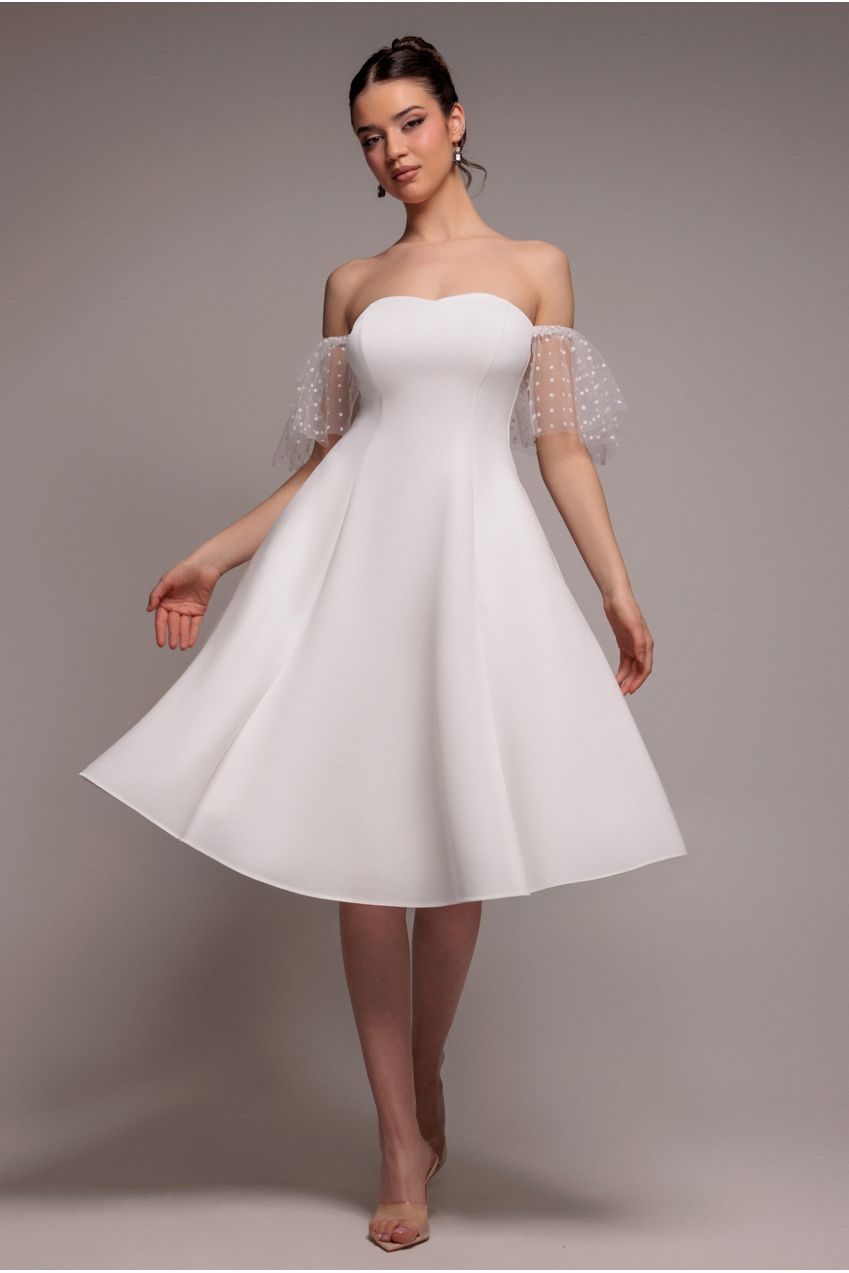 Scuba & Polka Mesh Off The Shoulder Midi Dress - White DR5016