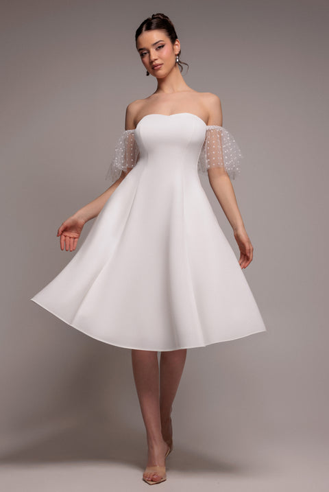 Scuba & Polka Mesh Off The Shoulder Midi Dress - White by Goddiva