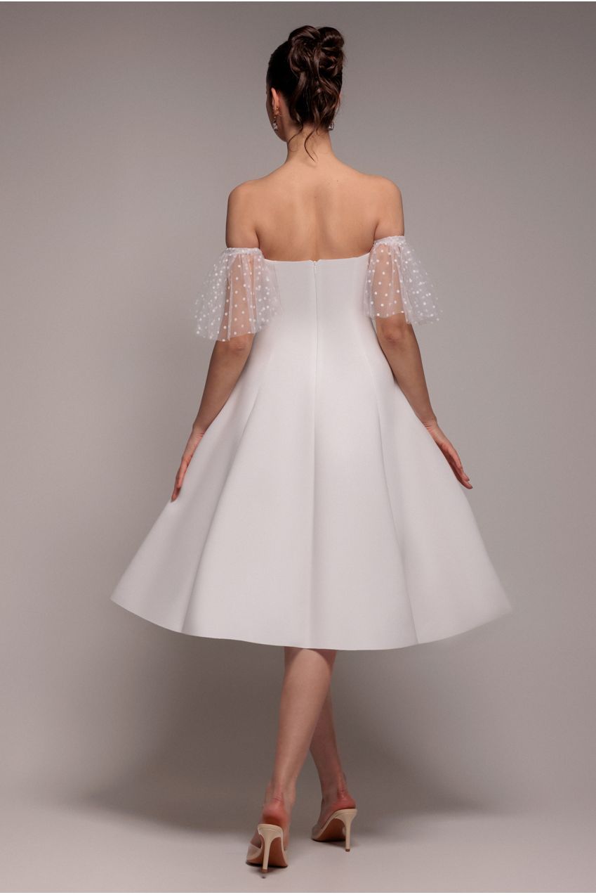 Scuba & Polka Mesh Off The Shoulder Midi Dress - White DR5016