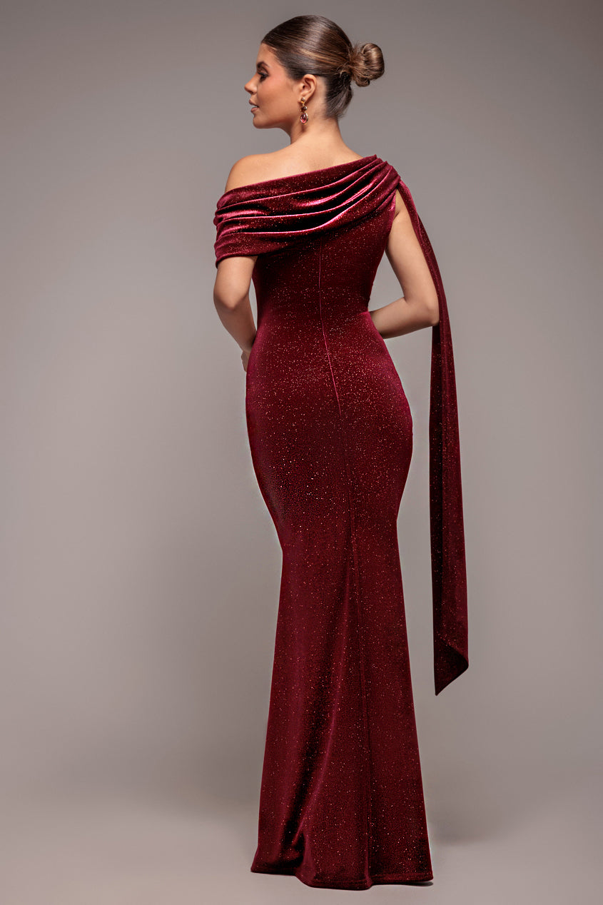 Glitter Velvet Sash One Shoulder Bardot Maxi Dress - Wine DR5017