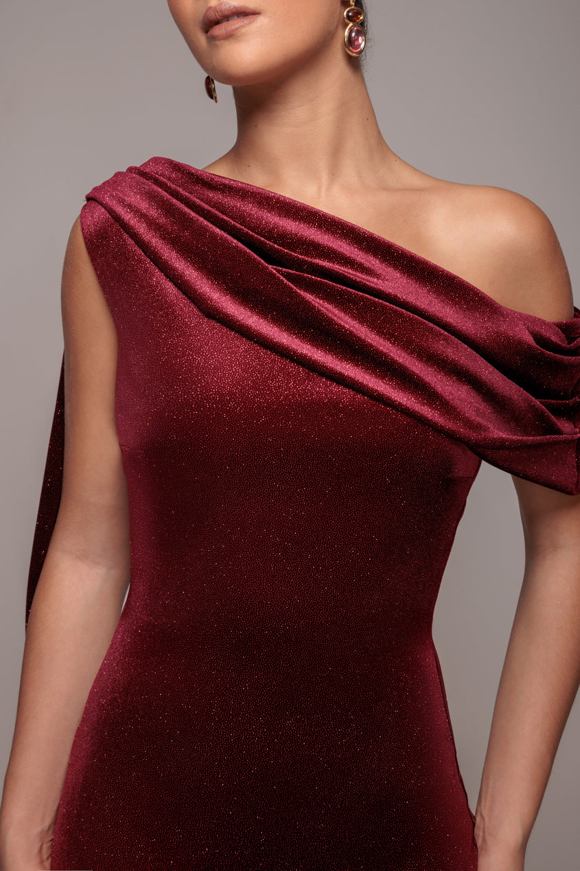 Glitter Velvet Sash One Shoulder Bardot Maxi Dress - Wine DR5017