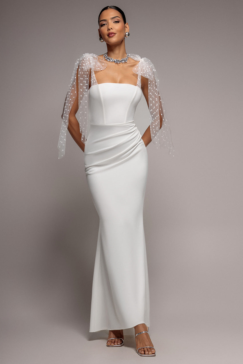 Scuba & Polka Mesh Bella Bow Multiway Maxi Dress - White DR5020