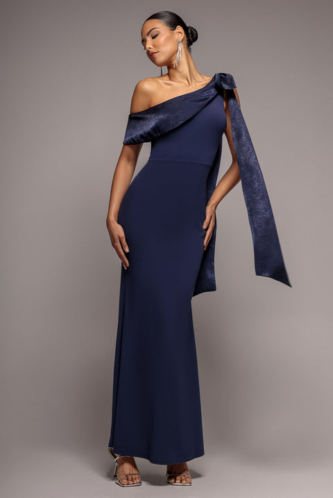 One Shoulder Velvet Satin Bow Cape Maxi Dress - Navy Blue by Goddiva