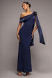 One Shoulder Velvet Satin Bow Cape Maxi Dress - Navy Blue by Goddiva