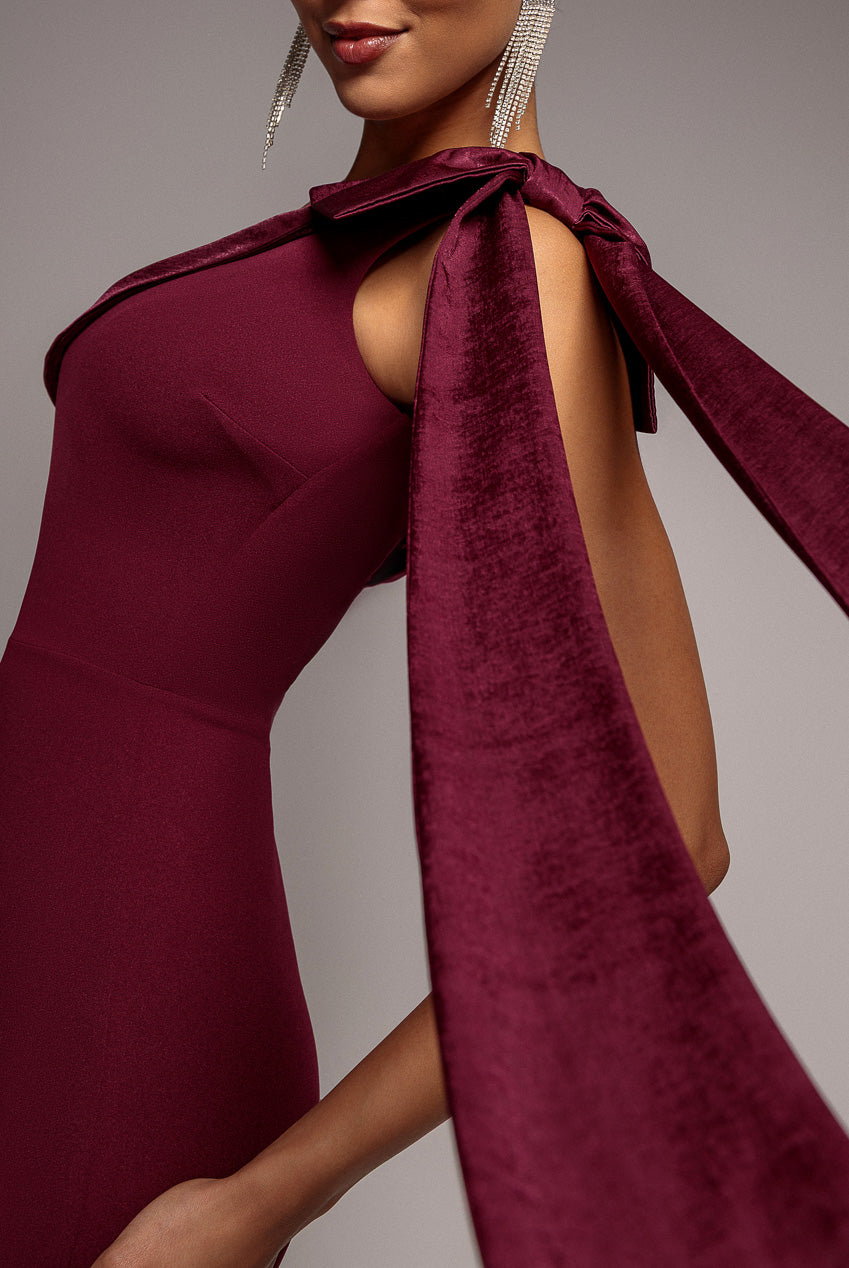 One Shoulder Velvet Satin Bow Cape Maxi Dress - Burgundy DR5021