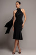 Scuba & Velvet Satin Halterneck Midi Dress With Back Sash - Black by Goddiva