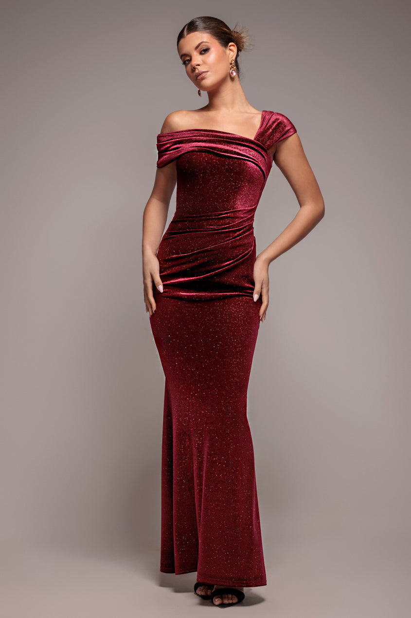 Glitter Velvet One Shoulder Maxi Dress - Wine DR5026