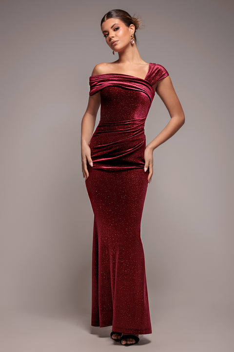 Glitter Velvet One Shoulder Maxi Dress - Wine by Goddiva