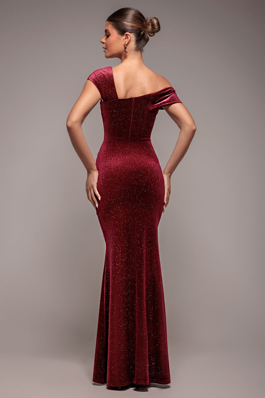 Glitter Velvet One Shoulder Maxi Dress - Wine DR5026