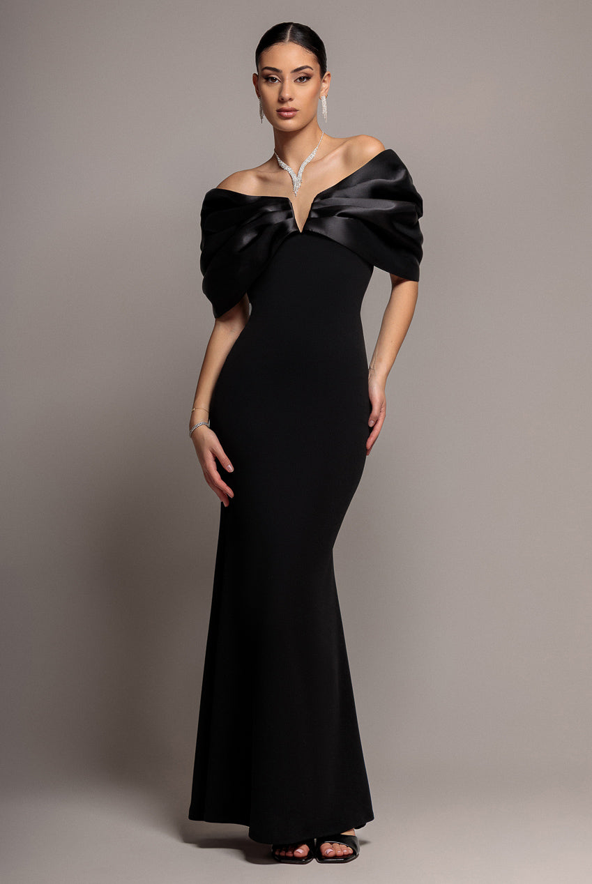 Satin Plunge Neck Bardot Scuba Maxi Dress - Black DR5040