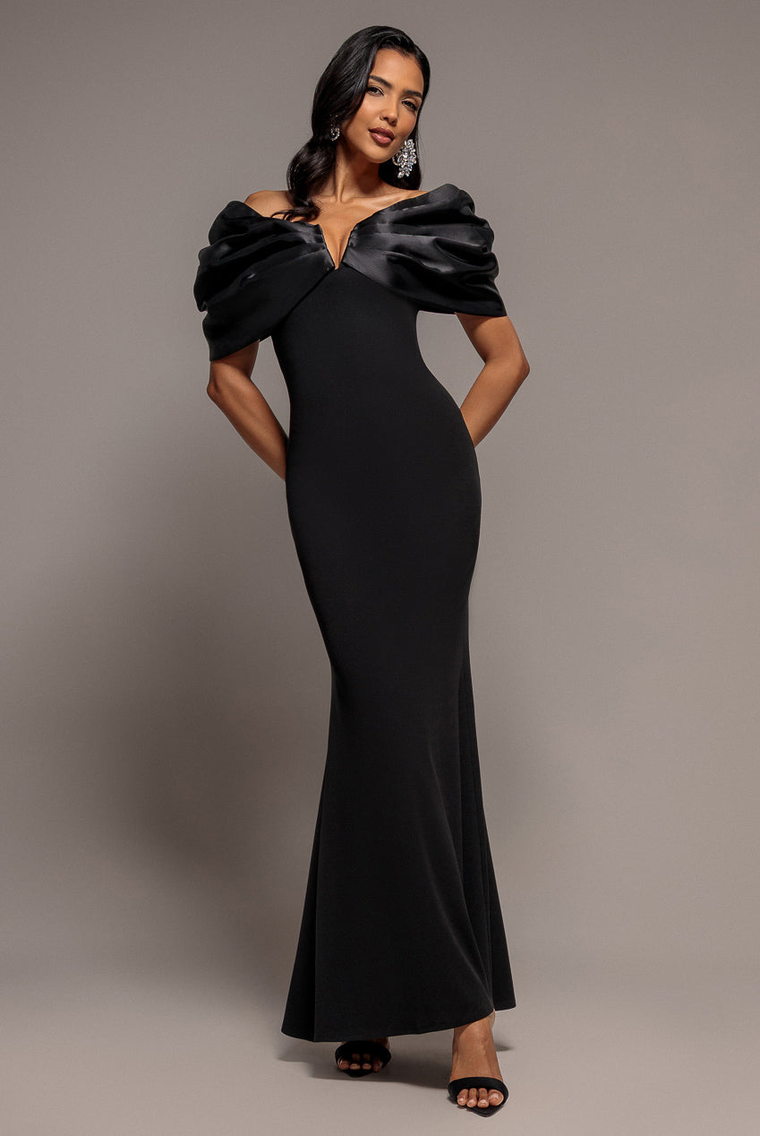 Satin Plunge Neck Bardot Scuba Maxi Dress - Black DR5040