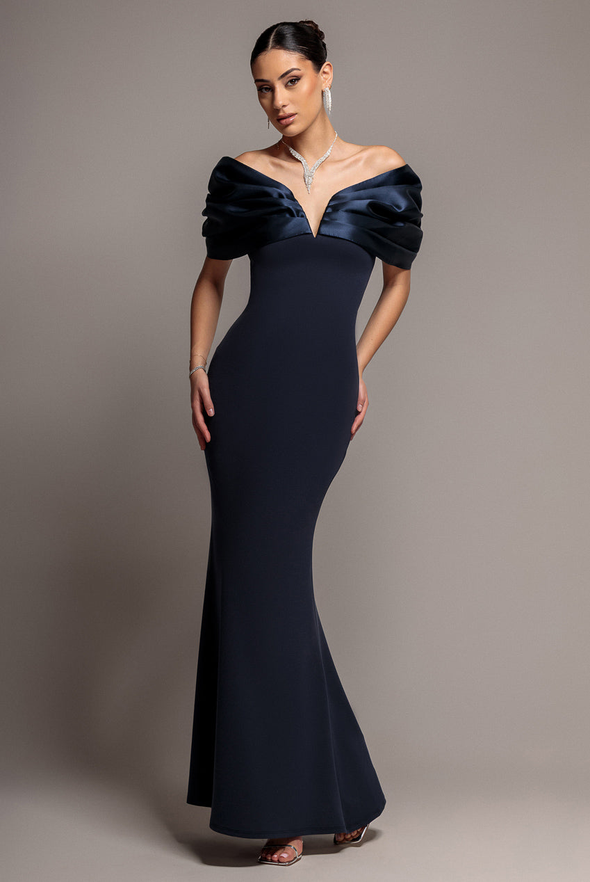 Satin Plunge Neck Bardot Scuba Maxi Dress - Navy Blue DR5040