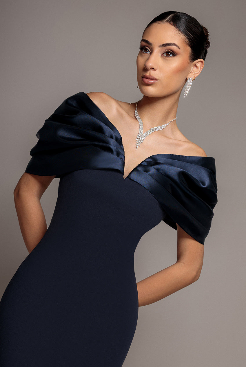 blue pleated strapless dress Simple A Line Scoop Neck Blue Silk Satin Long Bridesmaid Dresses with Slit  ABBD061803 – Anniebride
