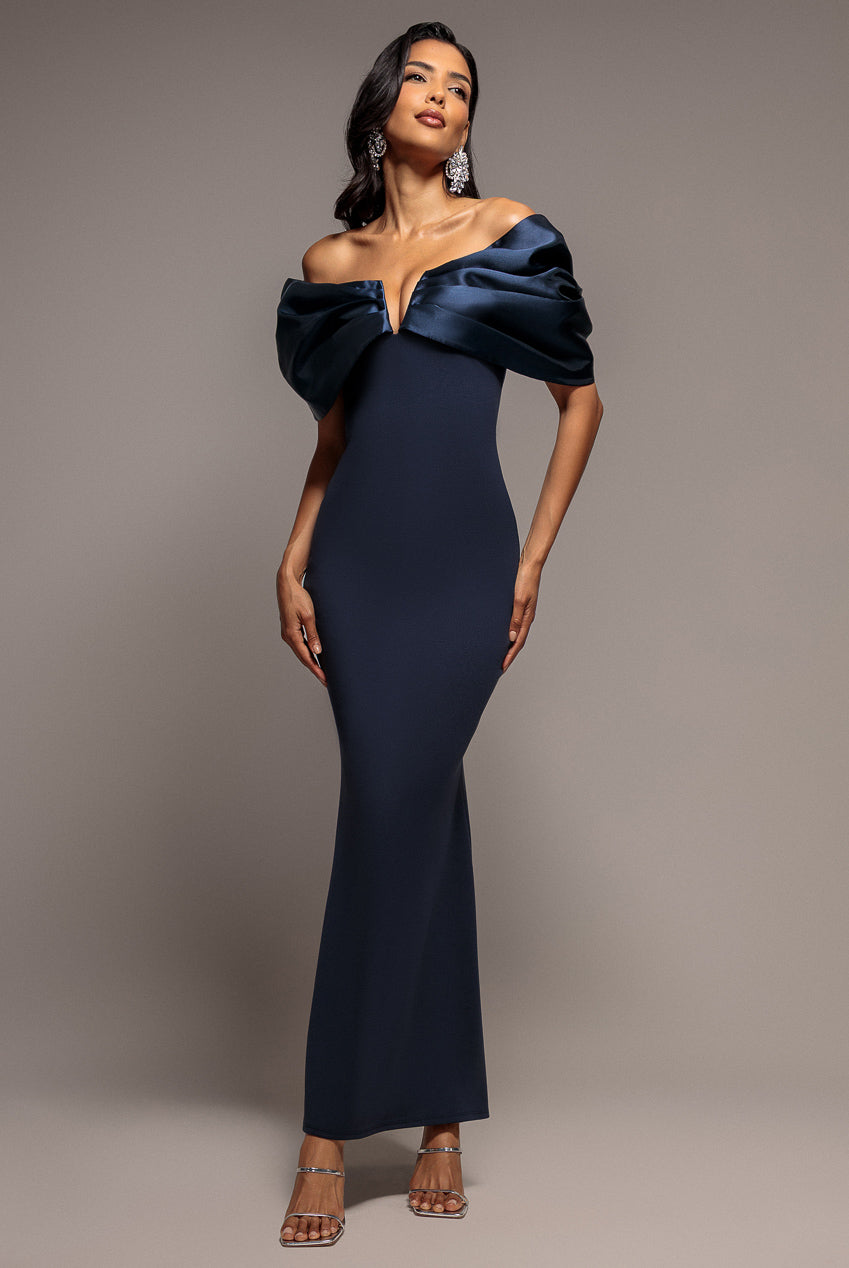 Satin Plunge Neck Bardot Scuba Maxi Dress - Navy Blue DR5040