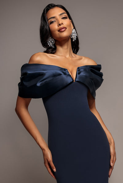 Satin Plunge Neck Bardot Scuba Maxi Dress - Navy Blue by Goddiva