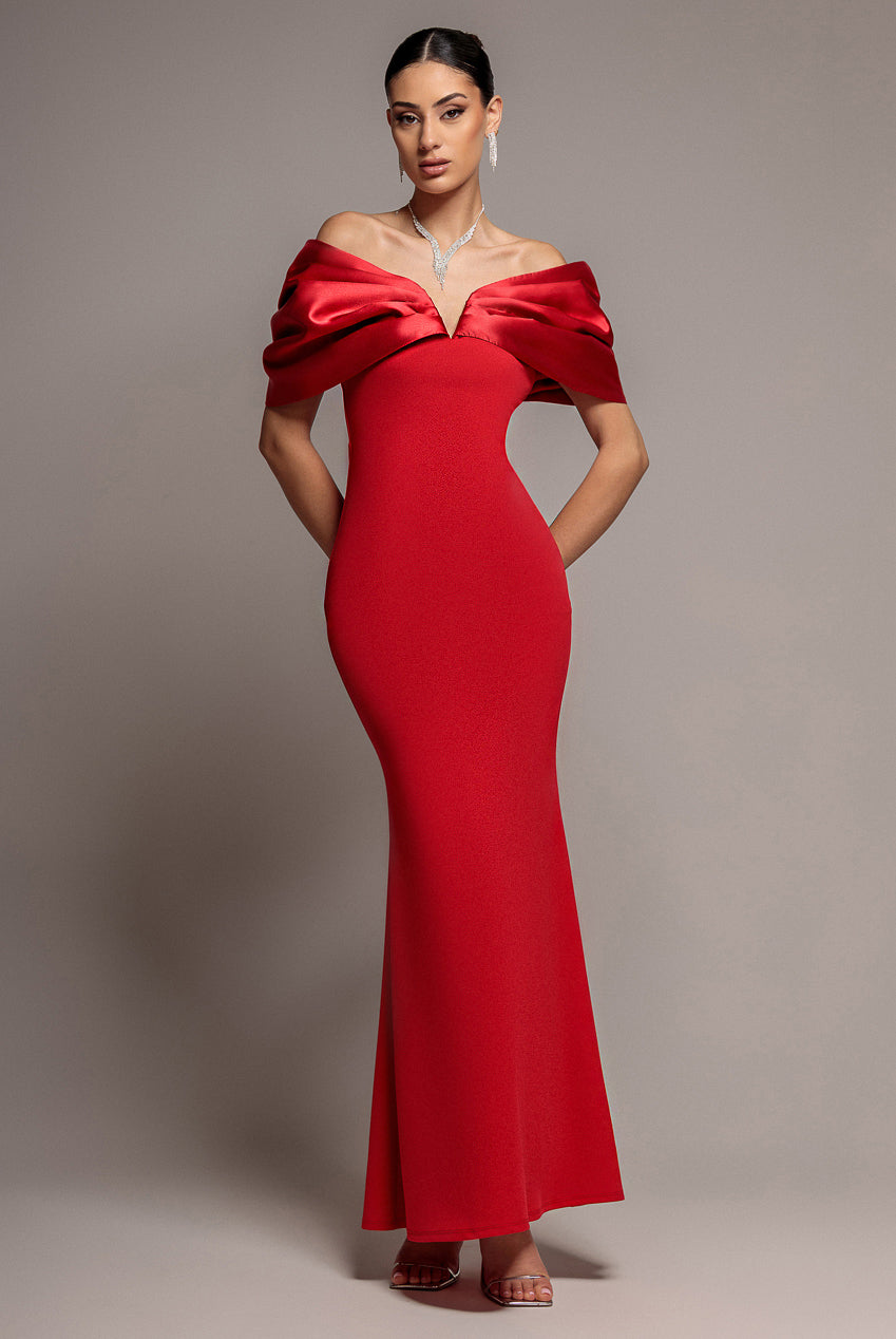 Satin Plunge Neck Bardot Scuba Maxi Dress - Red DR5040