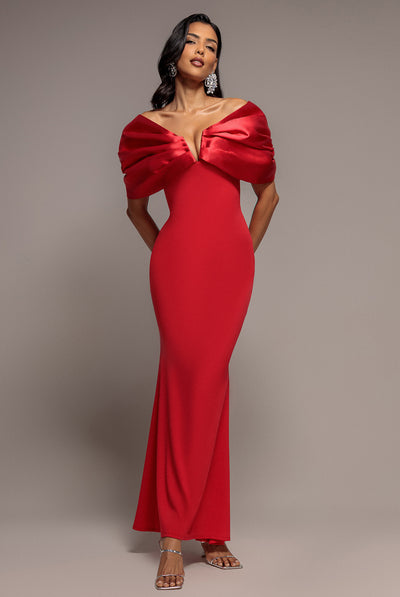 Red - Satin Plunge Neck Bardot Scuba Maxi Dress - Red by Goddiva